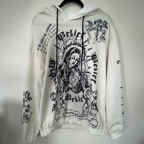 Y2K Virgin Mary Tattoo Graphic Cherub Angel Hoodie Lightweight - Picture 6 of 13